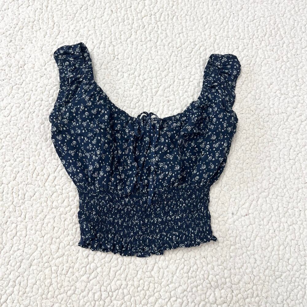 Brandy Melville Navy Blue Floral Off-the-Shoulder Marilyn Crop Top